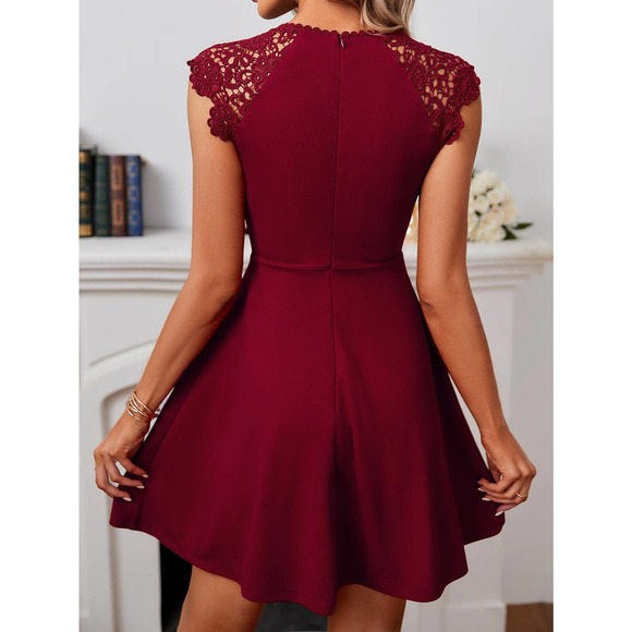 Lace Yoke Flare Hem short sleeve mini Dress burgundy red maroon size medium NWT - Picture 2 of 4